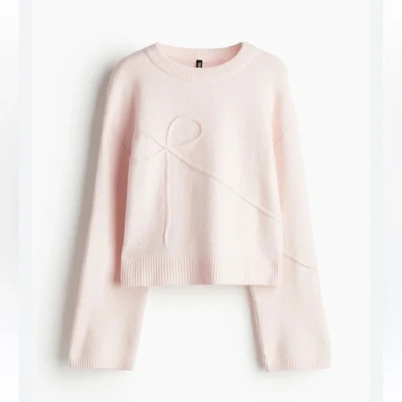 H&M Appliquéd Sweater Light Dusty Pink Bow 2XS Long Sleeve Knit Divided NWT - Picture 2 of 6